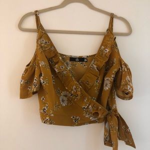 Missguided Mustard Floral Cold shoulder wrap top